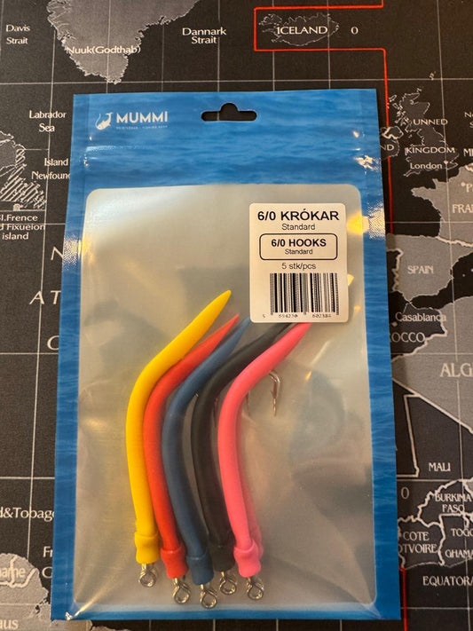 6/0 Krókar - Standard - 5 krókar i pakkningu - Blandaðir litir